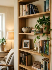 : Cozy living room bookshelf styled with books, plants, photos, and personal objects.