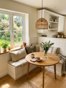 Kitchen breakfast nook with built-in bench seating.