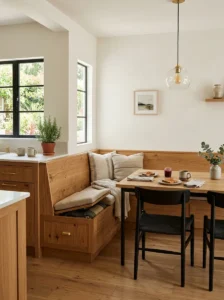 Rustic modern breakfast nook with a built-in wood bench and modern dining chairs.