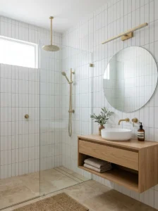 White subway tiles installed vertically in a modern bathroom.