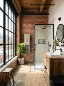 Industrial bathroom with a large black grid factory-style window.