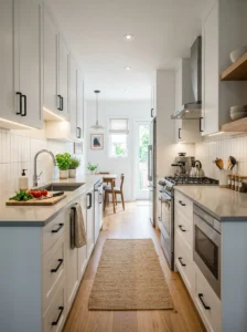 Modern galley kitchen layout with parallel countertops.