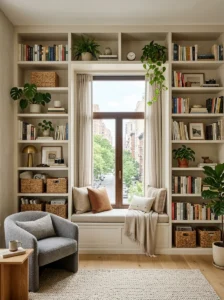 Built-in shelving maximizing storage in a small living room.
