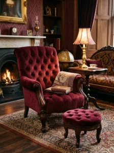 Victorian living room with deep burgundy velvet button-tufted seating.