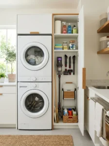 Tall narrow cabinet maximizing vertical laundry storage.