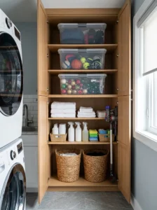 Stackable bins storing seasonal household items.