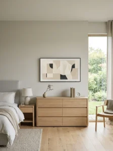 Modern bedroom with a discreet wall-mounted TV and hidden cables.