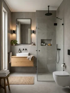Contemporary bathroom featuring practical matte finish porcelain tiles