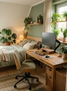 Nature-inspired gamer bedroom with wood desk, plants, woven storage and warm lighting.