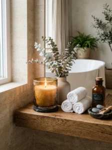 Spa-like bathroom shelf styled with a candle, eucalyptus, and rolled towels.