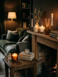 Cozy living room styled with candles and a reed diffuser for warm ambiance.