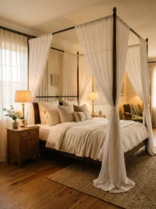 Sheer canopy curtains surrounding a romantic bed.