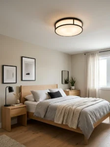 Modern bedroom with a matte black and frosted glass ceiling light.