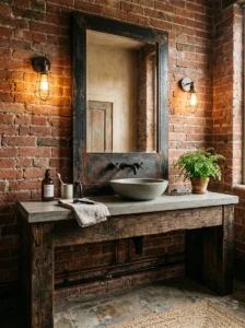 Vintage black metal-framed mirror in a warm industrial bathroom.