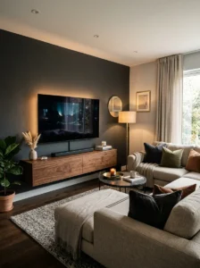 TV wall painted in a bold charcoal color.