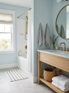 Coastal bathroom with blue-and-white striped hand towels and a subtle striped bath mat.