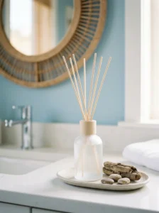 Minimal reed diffuser adding an ocean-inspired finishing touch to a coastal bathroom vanity.