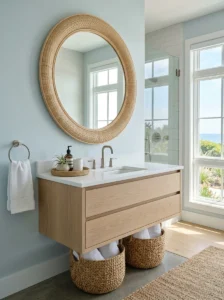 Round rattan statement mirror above a light wood vanity in a coastal bathroom.