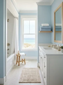 Coastal bathroom decorated with soft blue walls, crisp white finishes and sandy neutral accents.