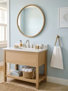 Coastal bathroom with a rope-framed mirror and subtle natural rope accessories.