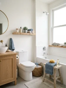 Coastal bathroom with reclaimed wood shelf, teak stool and warm natural wood accents.