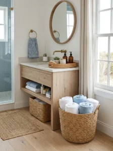 Coastal bathroom with seagrass towel basket and rattan vanity storage.