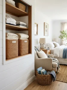 Woven storage baskets organizing blankets and books in a coastal bedroom.