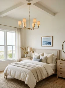 Coastal bedroom with a simple elegant chandelier and neutral decor.