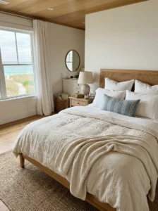 Crisp white linen bedding layered with pillows and a soft blue striped accent.