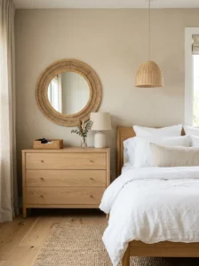 Elegant bedroom with subtle rattan mirror and woven coastal accents.