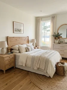 Bedroom decorated with light oak furniture, brass hardware, and warm neutral colors.