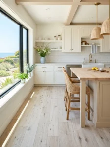 Coastal kitchen with light whitewashed oak-look flooring.