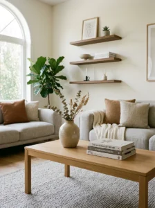 Decluttered surfaces in a small living room.