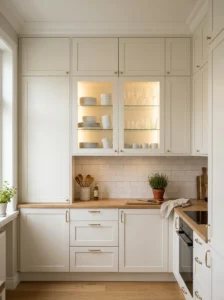 Mini kitchen with glass-front cabinets displaying neatly organized dishes.