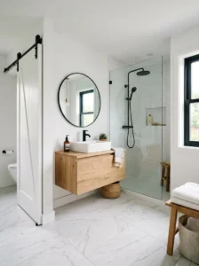 Small bathroom with a sliding barn door to save space.