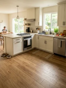 : Kitchen with water-resistant medium oak laminate flooring.