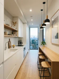 Corridor kitchen with extended countertop.