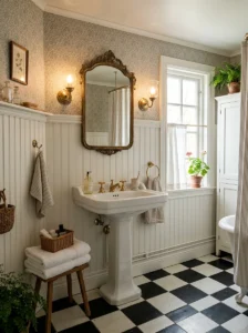 Bathroom featuring classic white wainscoting.
