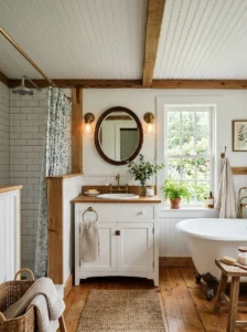 Bathroom with white beadboard ceiling.