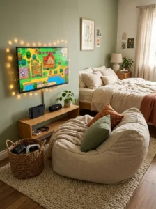 Cozy gamer bedroom nook with bean bag chair, wall-mounted screen and warm string lights.