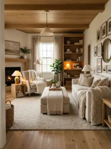 Cozy living room with textured throw blankets layered across every seating area.