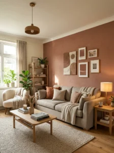 Cozy living room with a muted terracotta accent wall and warm off-white walls.