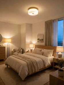 Modern bedroom illuminated with warm layered bedside, floor, and ceiling lighting.