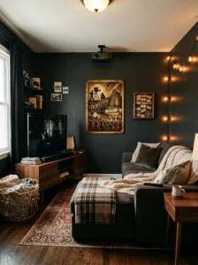 Personalized TV room with framed cinema-inspired art, ticket keepsakes, and subtle string lights.