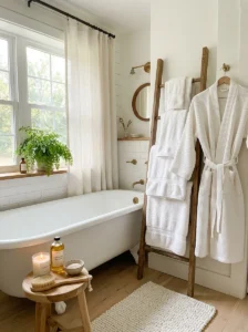White bathroom styled with layered white textiles.