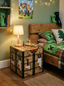 Minecraft crafting table nightstand beside the bed.
