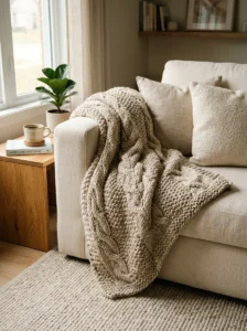 Cream living room sofa styled with a chunky oatmeal knit throw blanket.