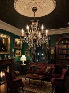 Victorian living room with an aged brass crystal statement chandelier.