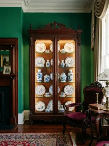 Victorian glass curio cabinet displaying a curated blue-and-white porcelain collection.