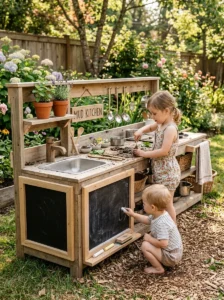 Mud kitchen with a lower chalkboard for children's drawings.
